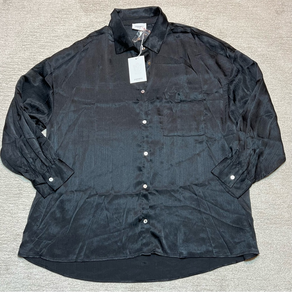 Andree By Unit Shiny Black Long Sleeve Button Down Top Shirt Women’s Sz. 2X NWT